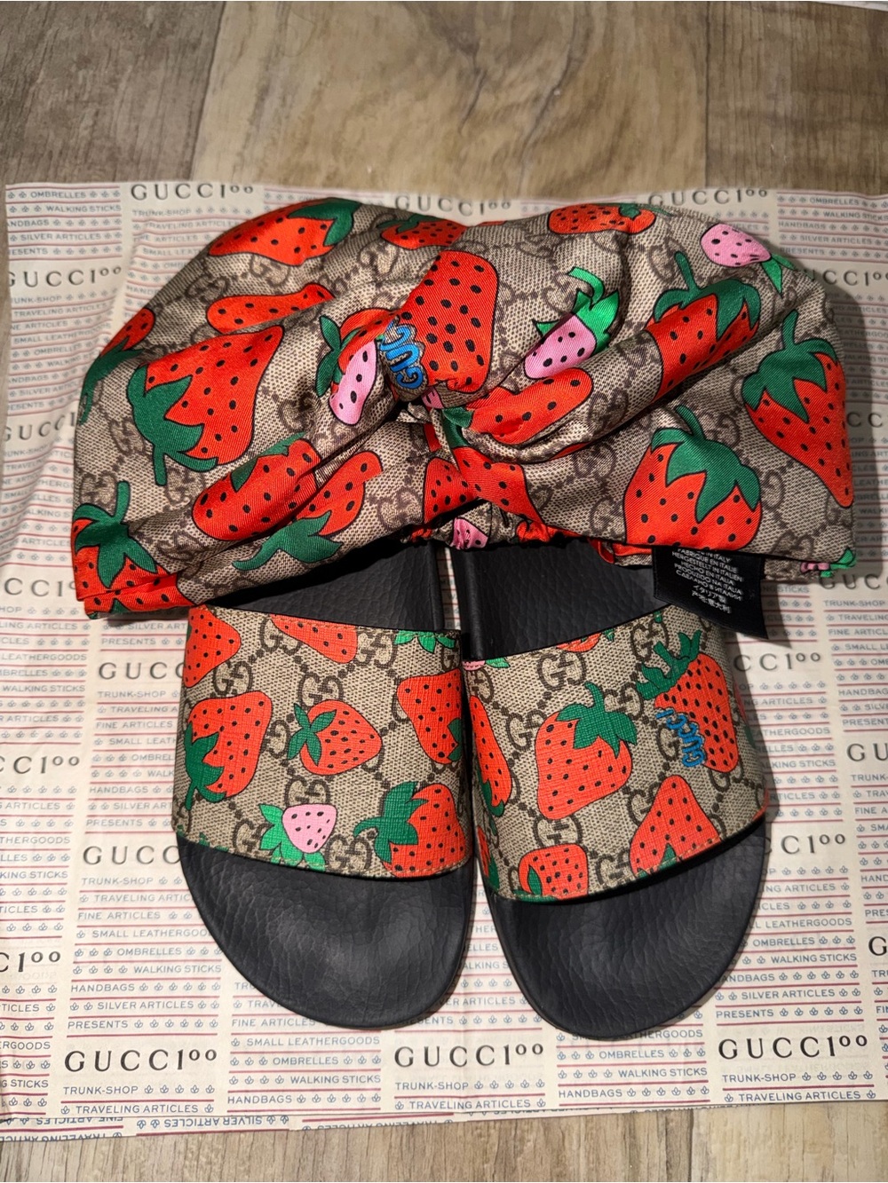 Gucci Strawberries Silk Twist Headband - Red, Green, Pink on Beige GG